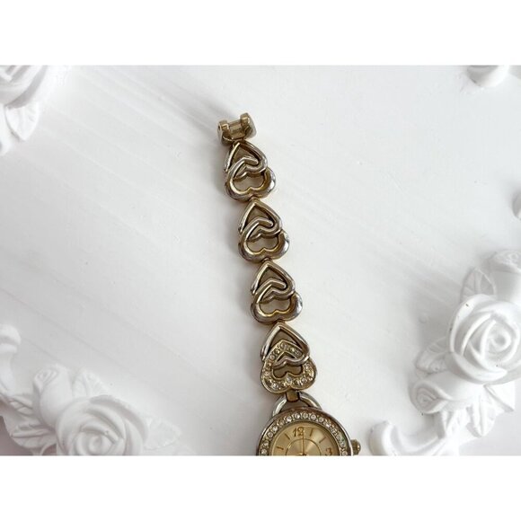 Gold Toned Faced & Rhinestone Chainlink Bracelet Vintage Watch - 15mm - WORKS! - Picture 4 of 10
